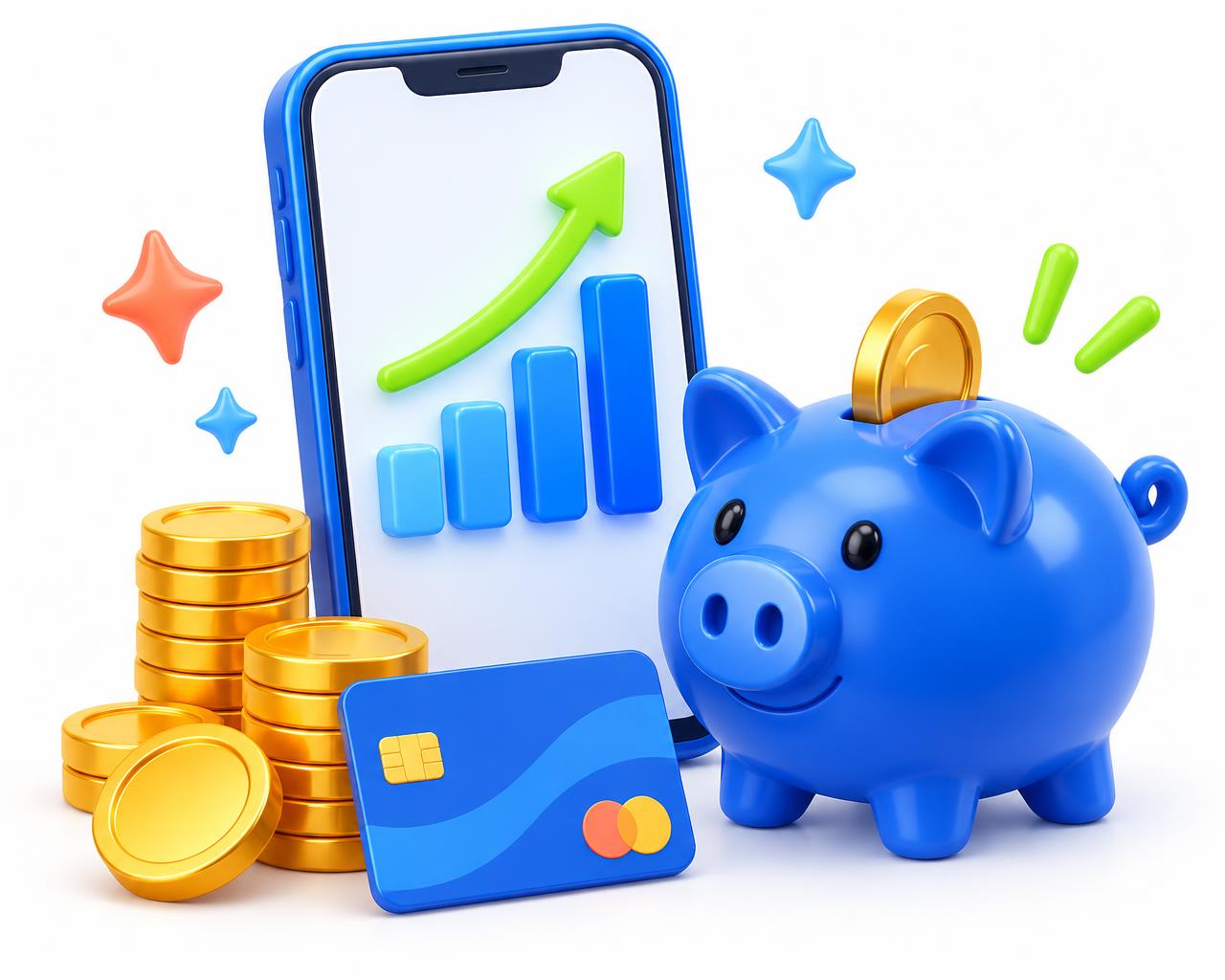 A blue piggy bank, gold coins, a debit card and a phone showing a rising chart